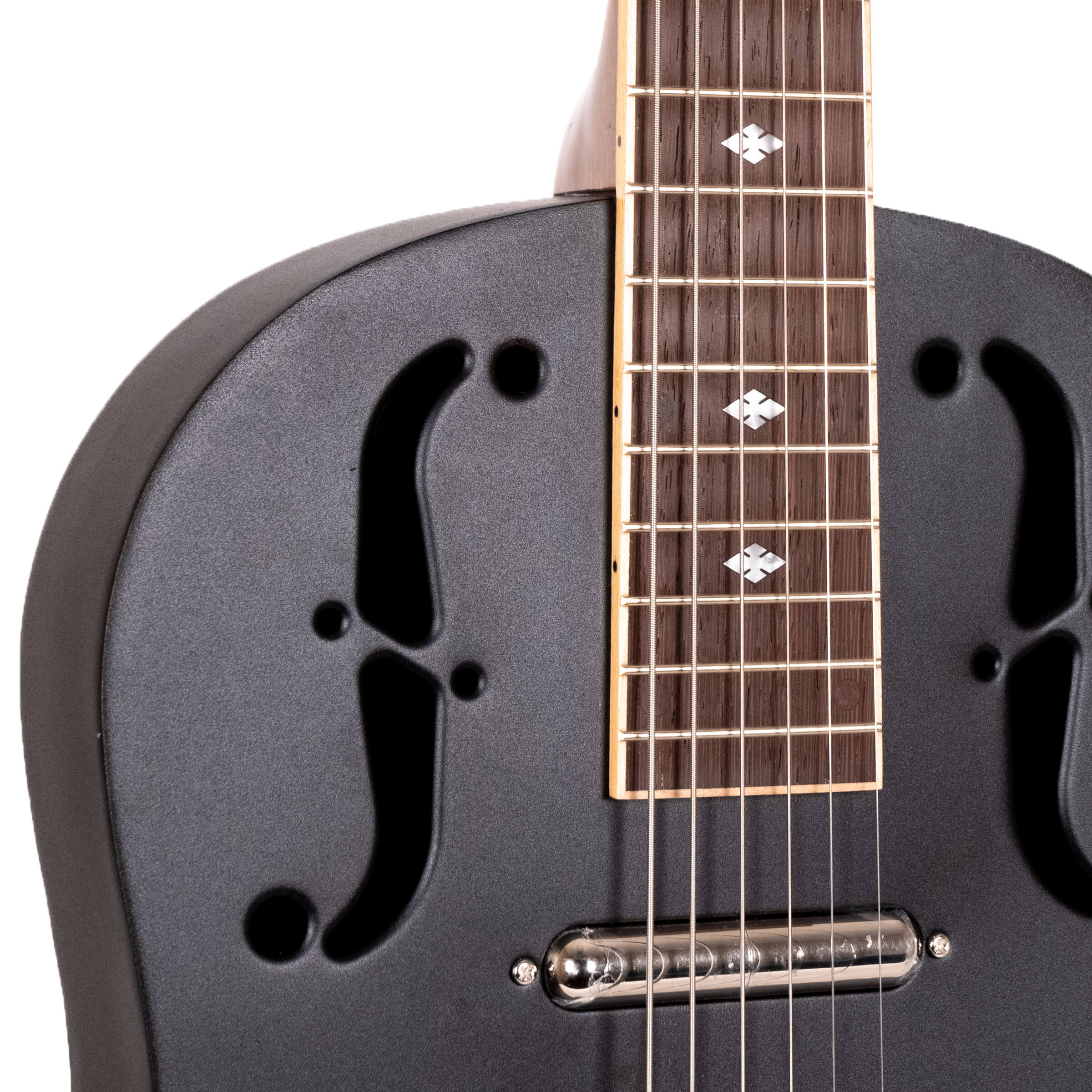 Gold Tone GRS/L left-handed resonator guitar body close-up showing cone cover and chrome finish