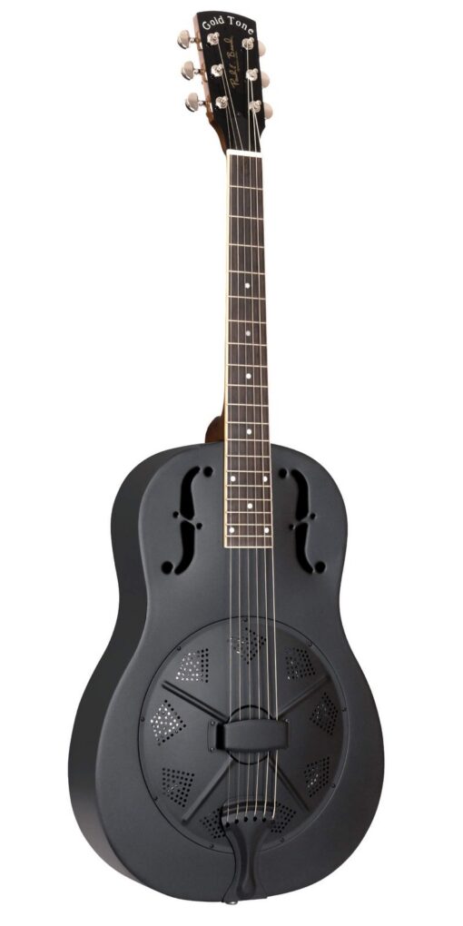 Gold Tone GRS/L left-handed metal body resonator guitar, full front view with Paul Beard coverplate