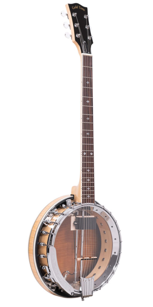 Gold Tone GT-750 Banjitar Deluxe front view showing natural high gloss finish and curly maple resonator