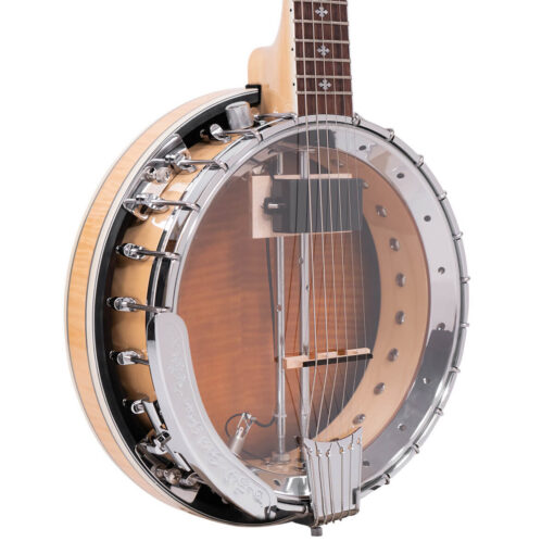 Gold Tone GT-750 left-handed banjitar front angle showing curly maple resonator