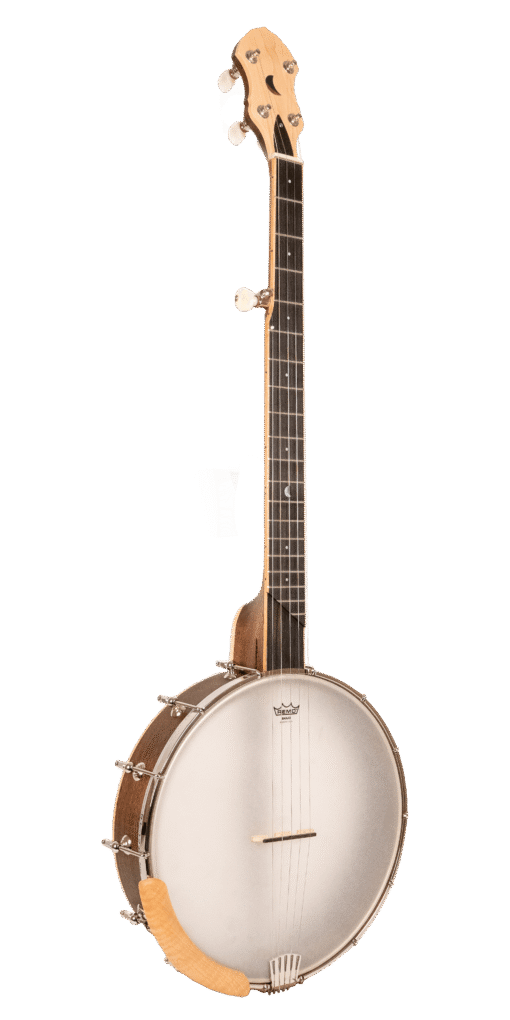 Gold Tone HM-100 High Moon left-handed openback banjo full front view showing mahogany satin finish and dot-and-moon inlays