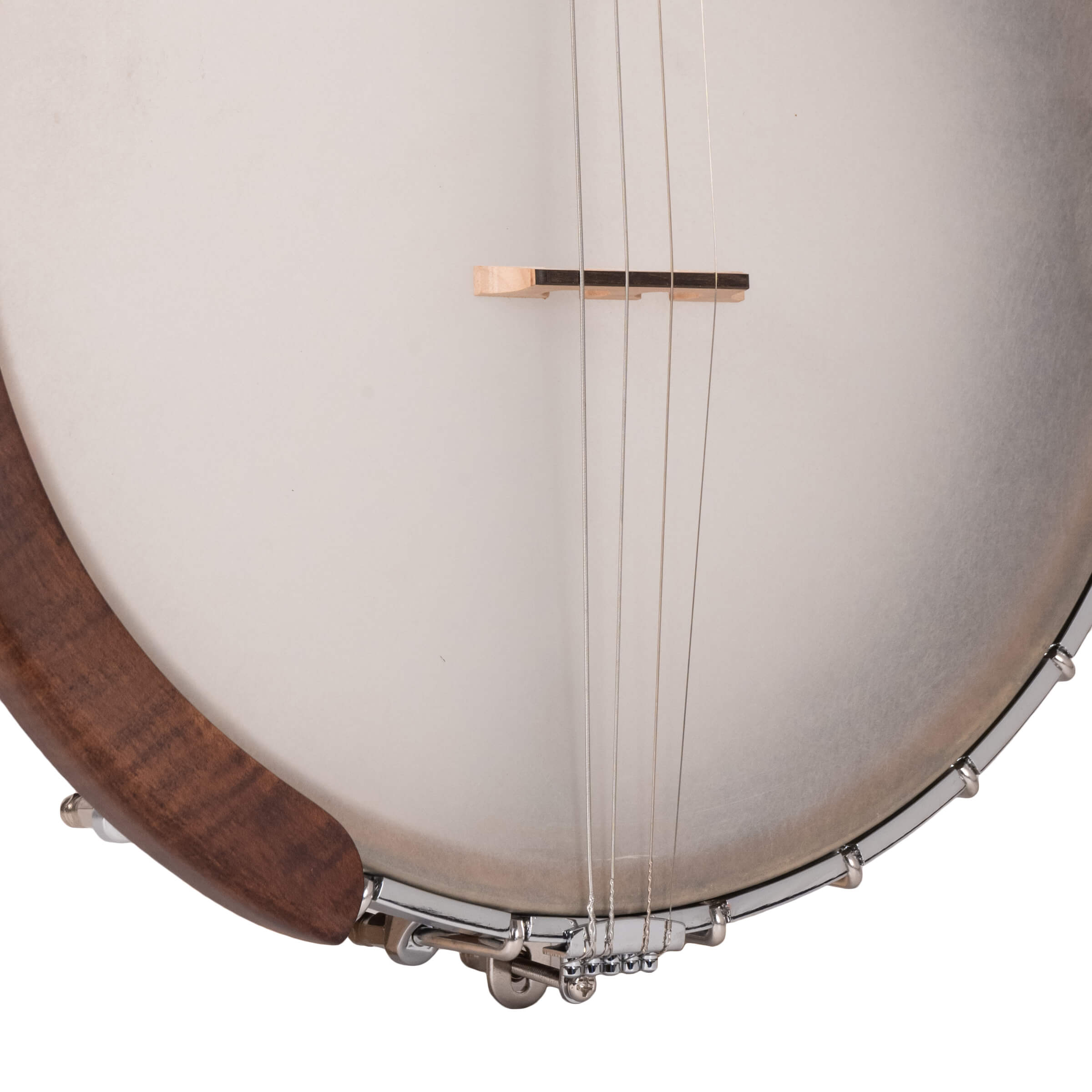 Gold Tone IT-17 left-handed tenor banjo front detail showing curly maple armrest and black ABS binding