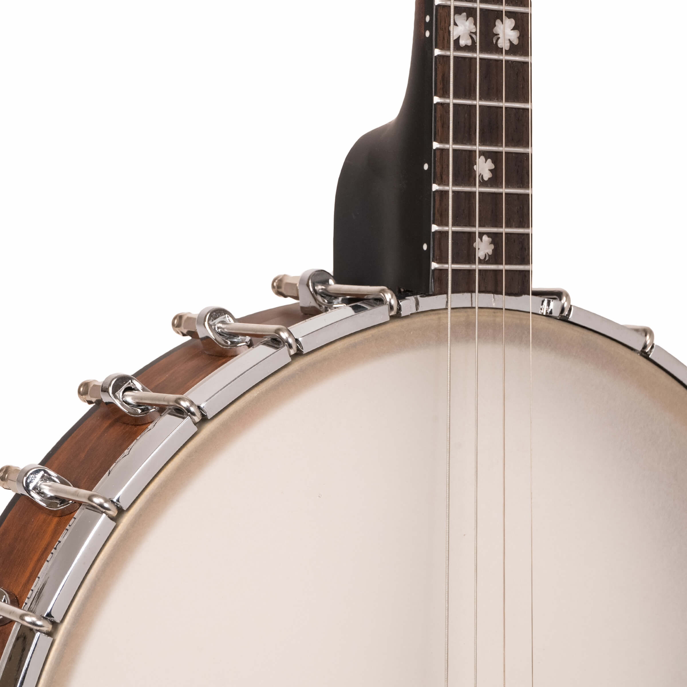 Gold Tone IT-17/L Irish tenor banjo front angle showing clover inlays and rosewood fingerboard
