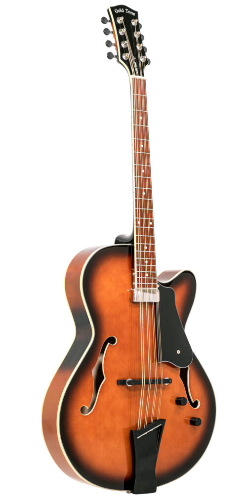 Gold Tone Mandocello front view in Tobacco Sunburst finish with Venetian cutaway body