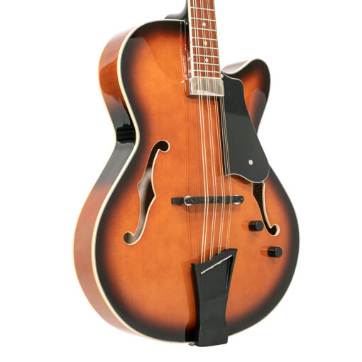 Gold Tone Mandocello front angle showing solid spruce top and cream ABS binding