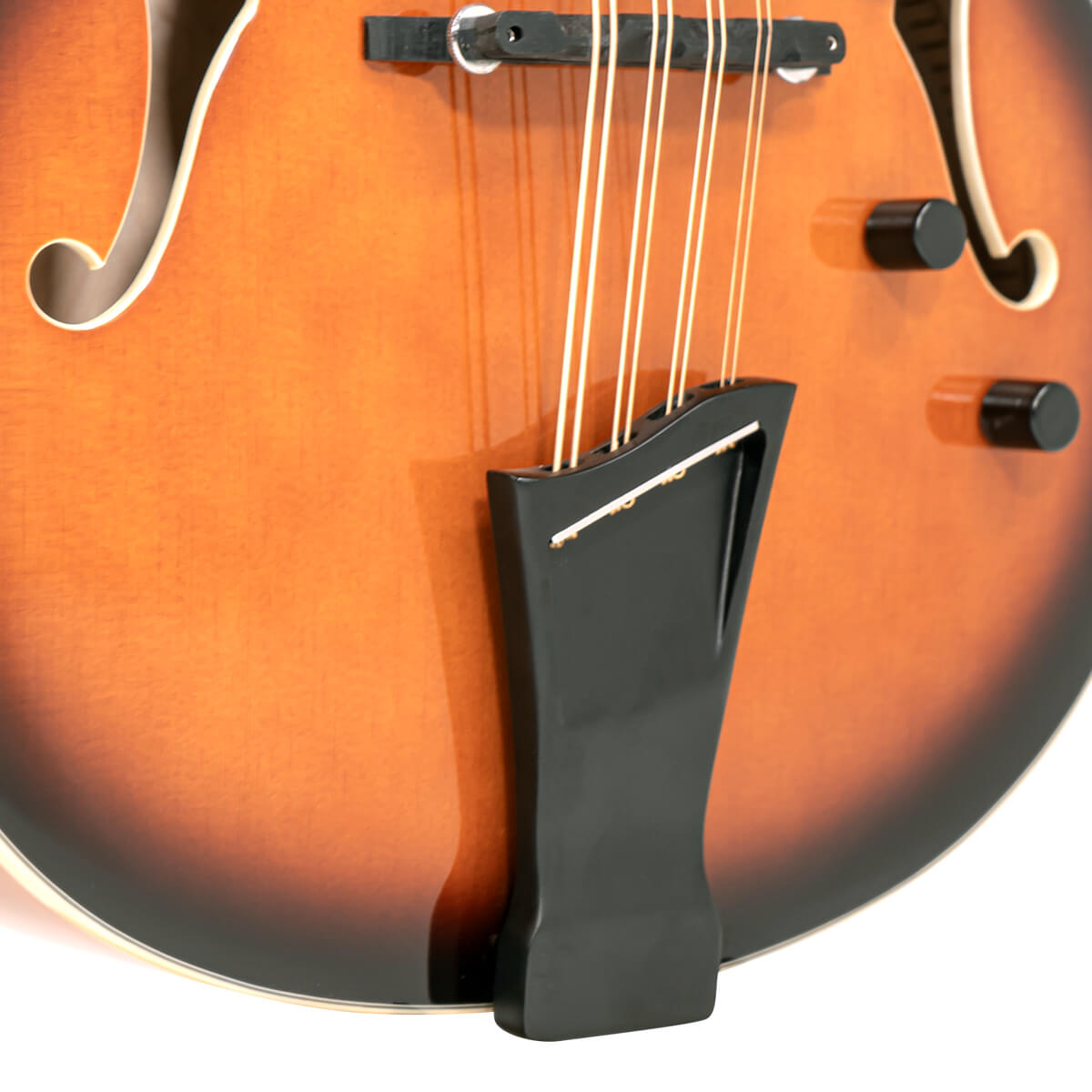 Gold Tone Mandocello left-handed body detail showing floating humbucker pickup and cream binding