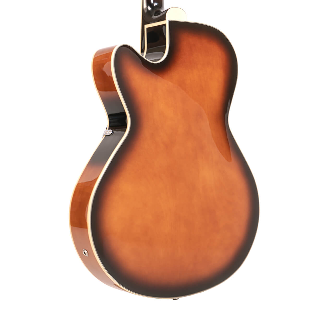 Gold Tone Mandocello left-handed back view showing maple back in Tobacco Sunburst finish