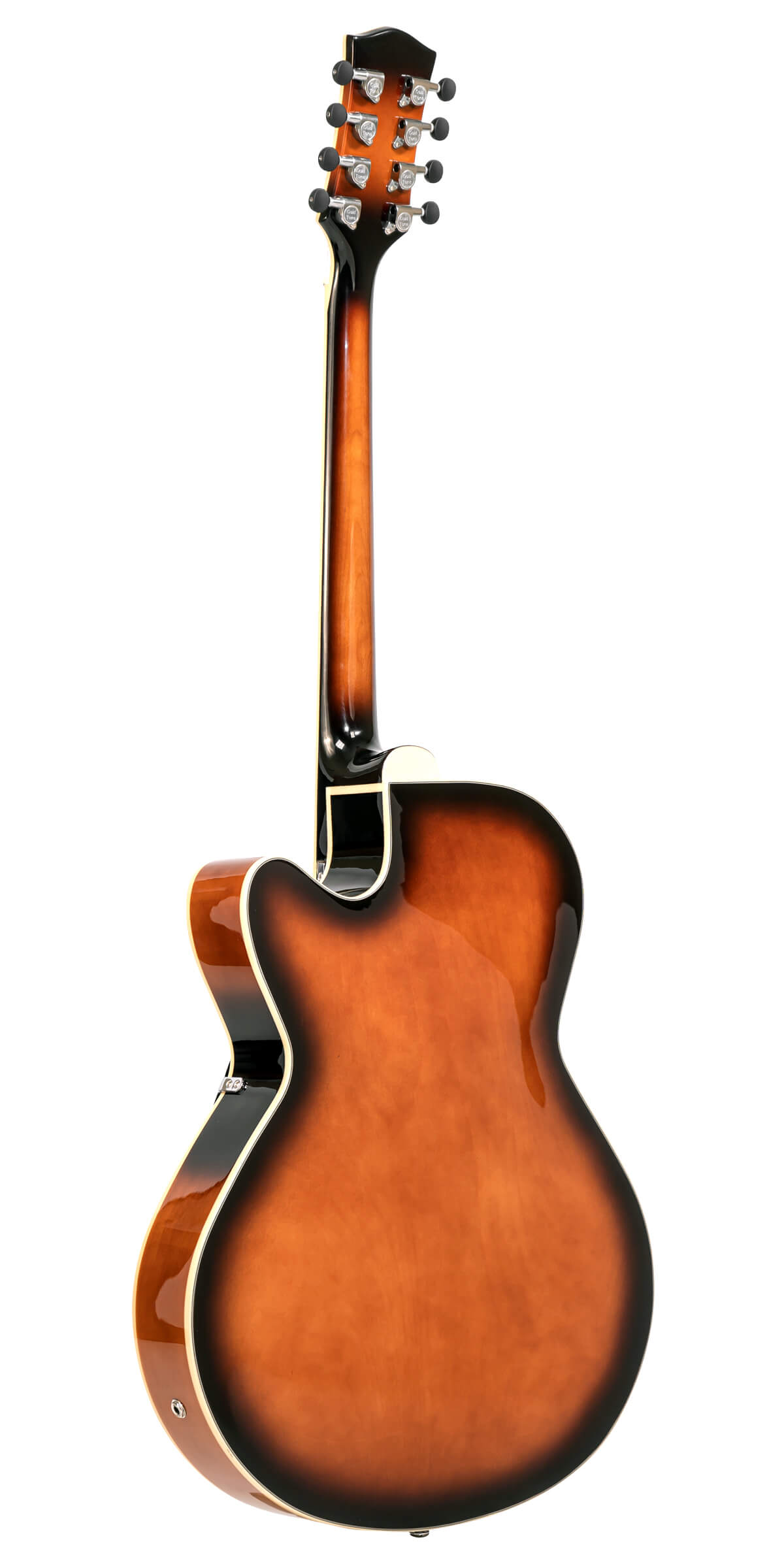 Gold Tone Mandocello left-handed back detail showing maple construction and cream ABS binding