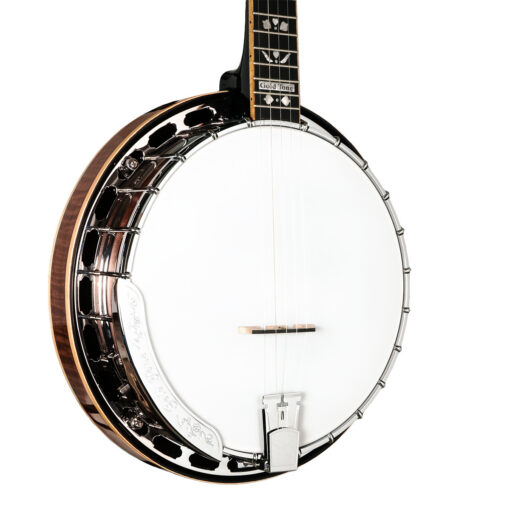 Gold Tone OB-250+/L left-handed banjo full front view showing chrome hardware and hearts and flowers inlay