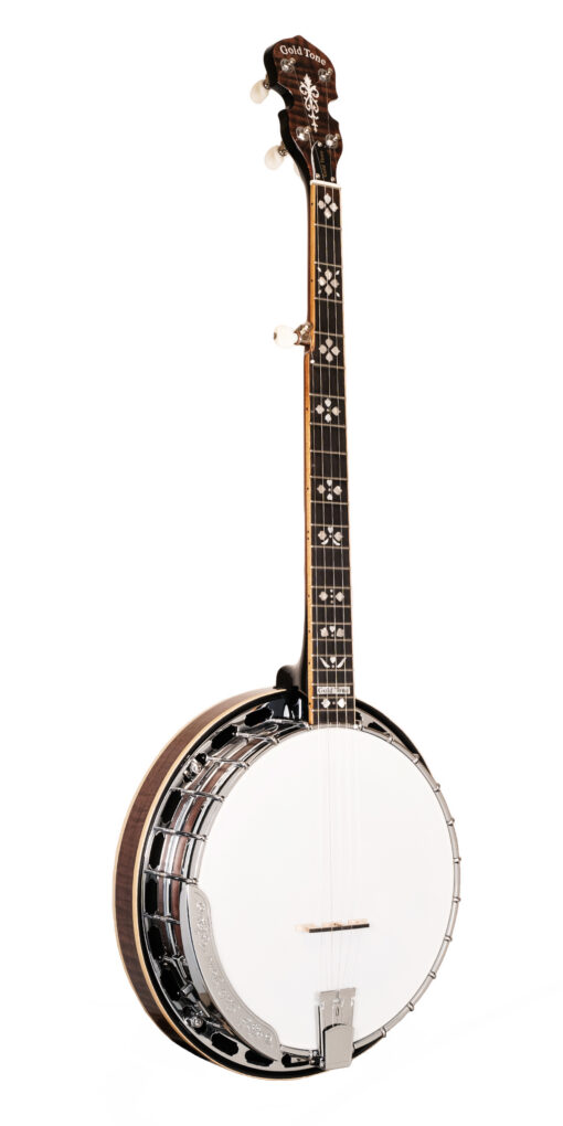 Gold Tone OB-250+ TP Orange Blossom banjo front view — Tony Pass rim and JLS #12 bell brass tone ring, vintage brown finish