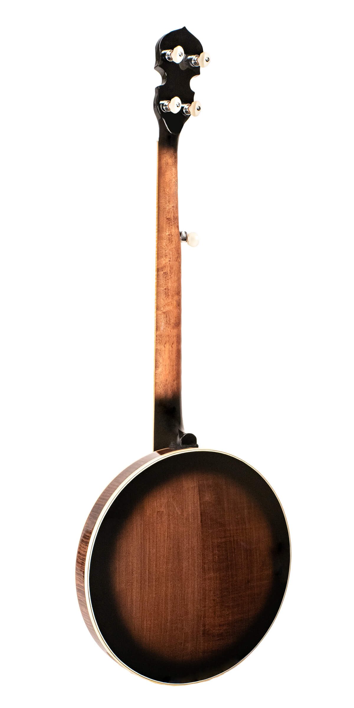 Gold Tone OB-250+ TP resonator back detail — flame maple grain and chrome hardware
