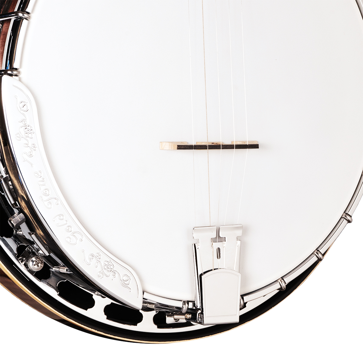 Gold Tone OB-250+ TP banjo front detail — Hearts and Flowers inlay on ebony fingerboard, curly maple neck
