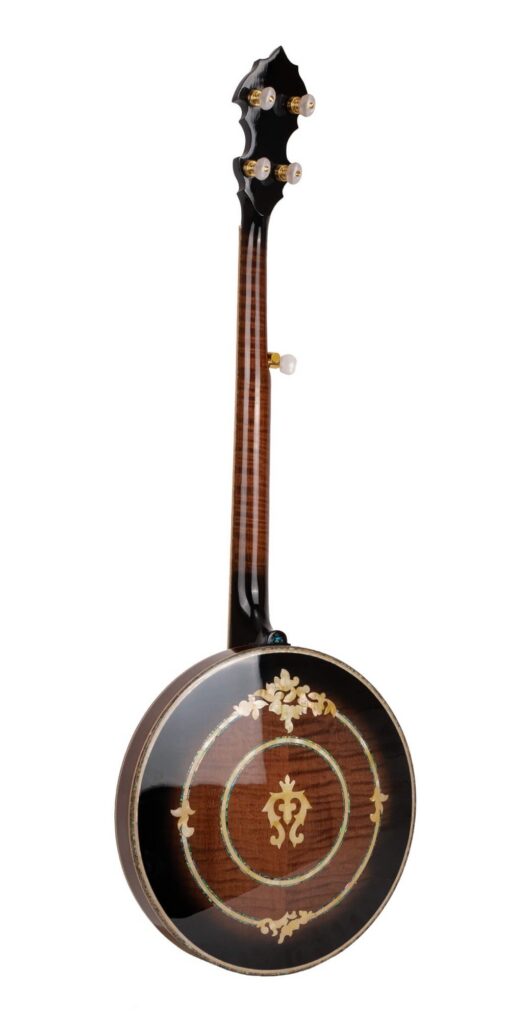 Gold Tone OB-300 Orange Blossom gold-plated bluegrass banjo full back view showing flamed maple resonator inlay