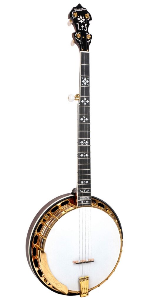 Gold Tone OB-Grandee Orange Blossom Grandee banjo front view with gold-plated hardware and Hearts and Flowers inlay