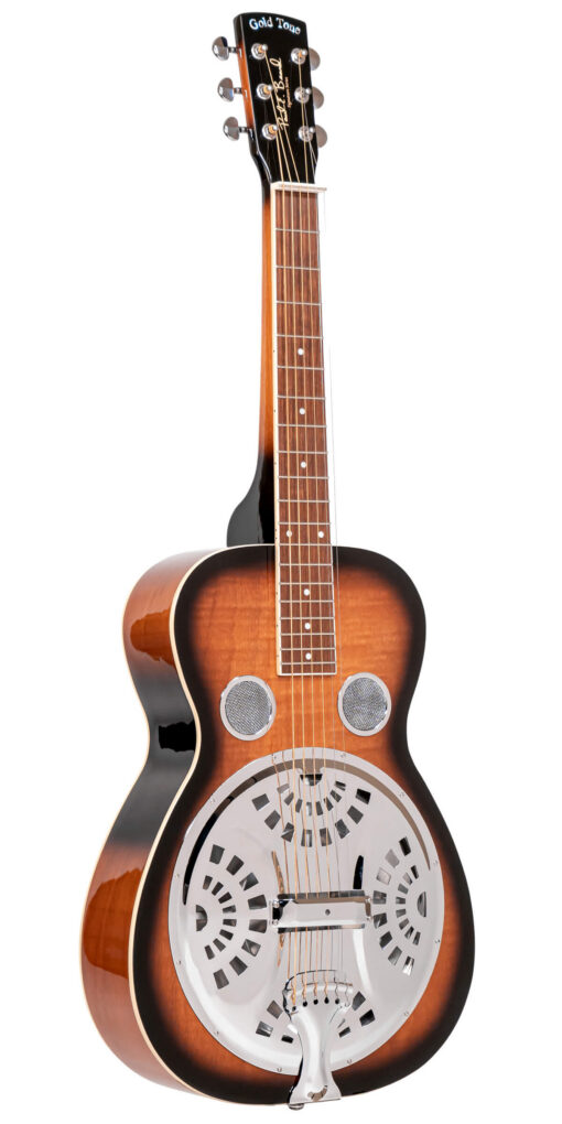 Gold Tone PBS-D/L left-handed Paul Beard Signature squareneck resonator guitar front view in tobacco sunburst finish