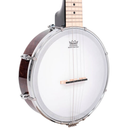 Gold Tone Plucky compact banjo front angle showing full body and neck