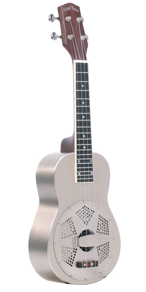 Gold Tone ResoUke left-handed resonator ukulele front view showing brushed brass body and Gold Tone/Beard coverplate