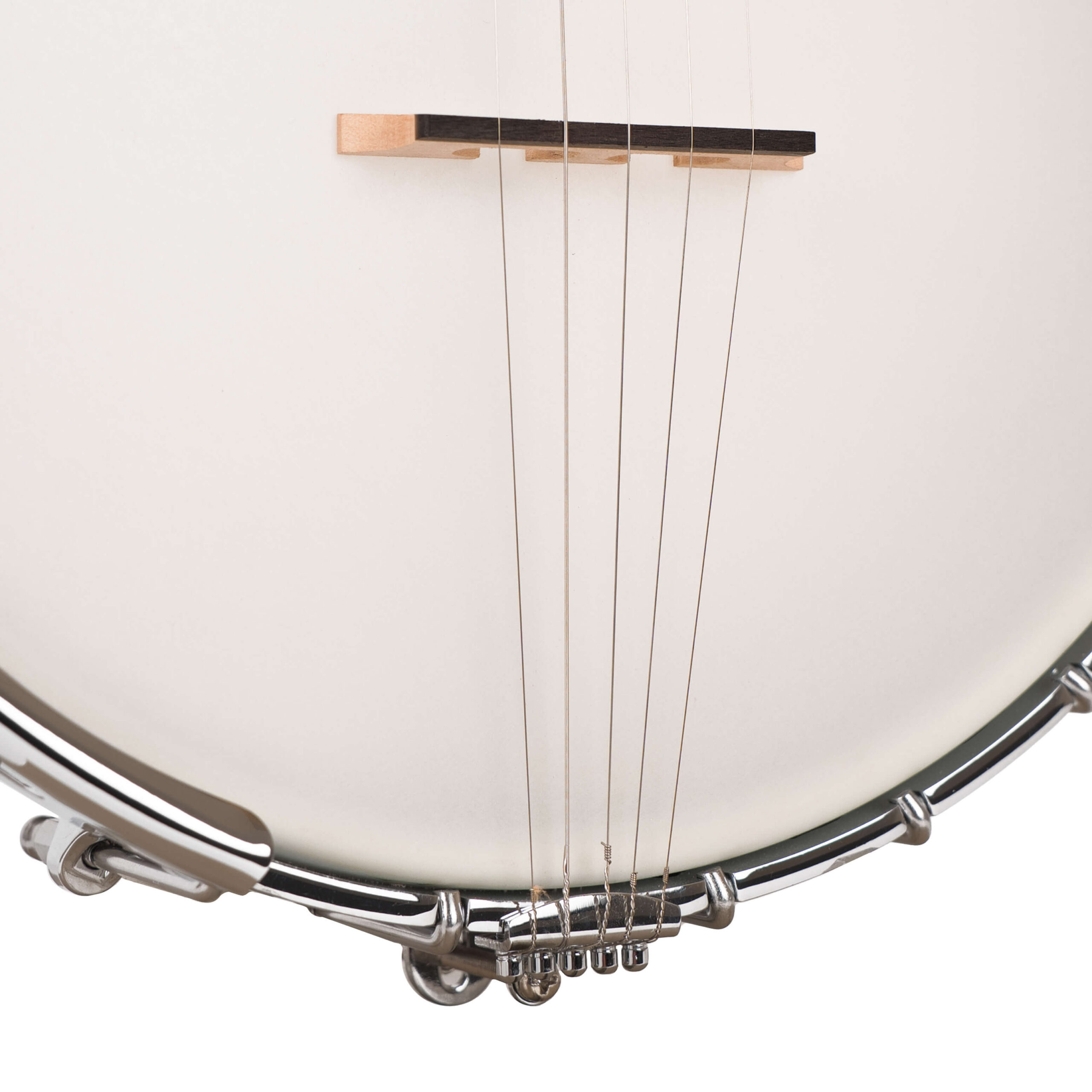 Gold Tone WL-250 Left-Handed open back banjo front detail showing armrest and No Knot tailpiece