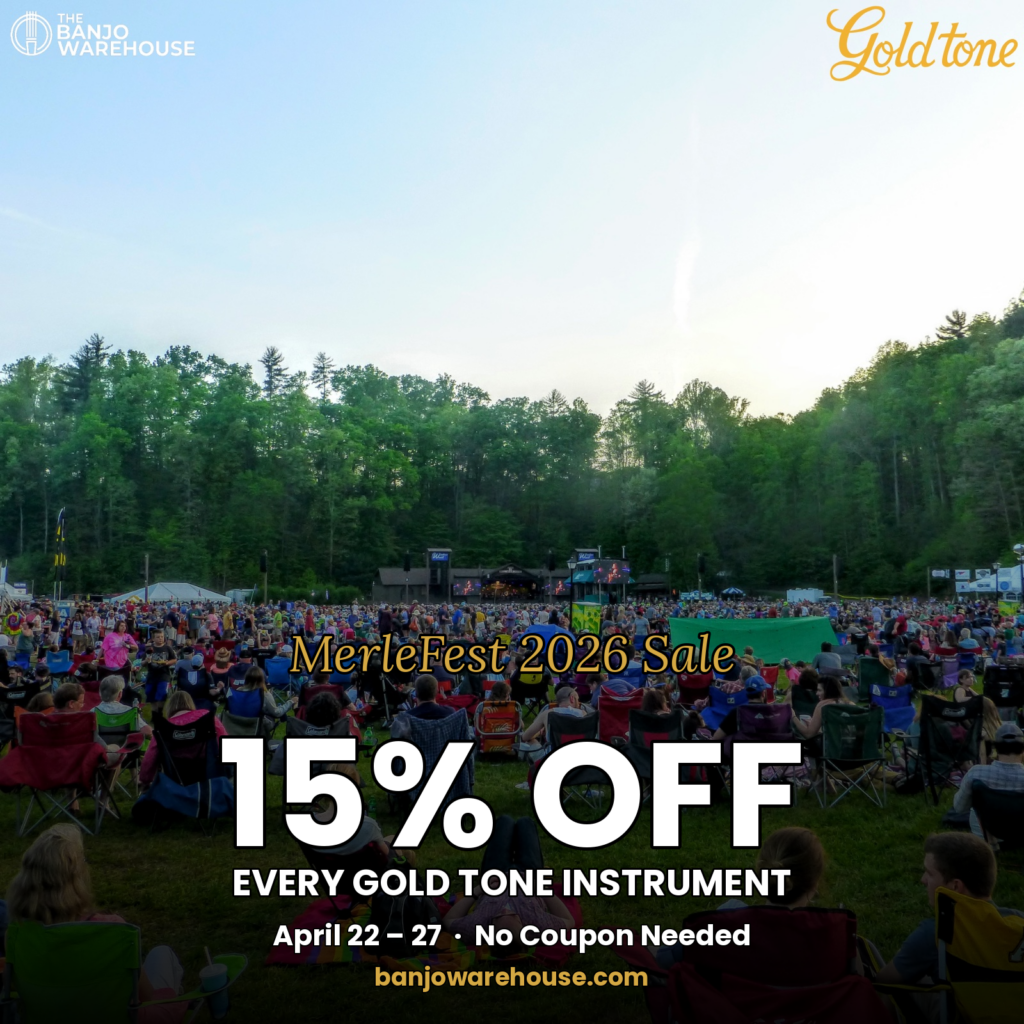 Crowd at MerleFest 2026 Gold Tone Sale — 15% off every Gold Tone instrument from Banjo Warehouse, April 22-27. A festival audience in lawn chairs watches the Watson Stage at MerleFest in Wilkesboro, North Carolina at sunset.