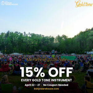 Crowd at MerleFest 2026 Gold Tone Sale — 15% off every Gold Tone instrument from Banjo Warehouse, April 22-27. A festival audience in lawn chairs watches the Watson Stage at MerleFest in Wilkesboro, North Carolina at sunset.