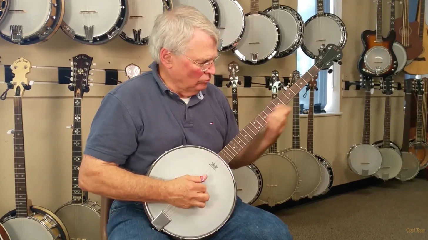 Geoff Hohwald playing the Gold Tone AC-1 at the Gold Tone factory in Titusville, Florida