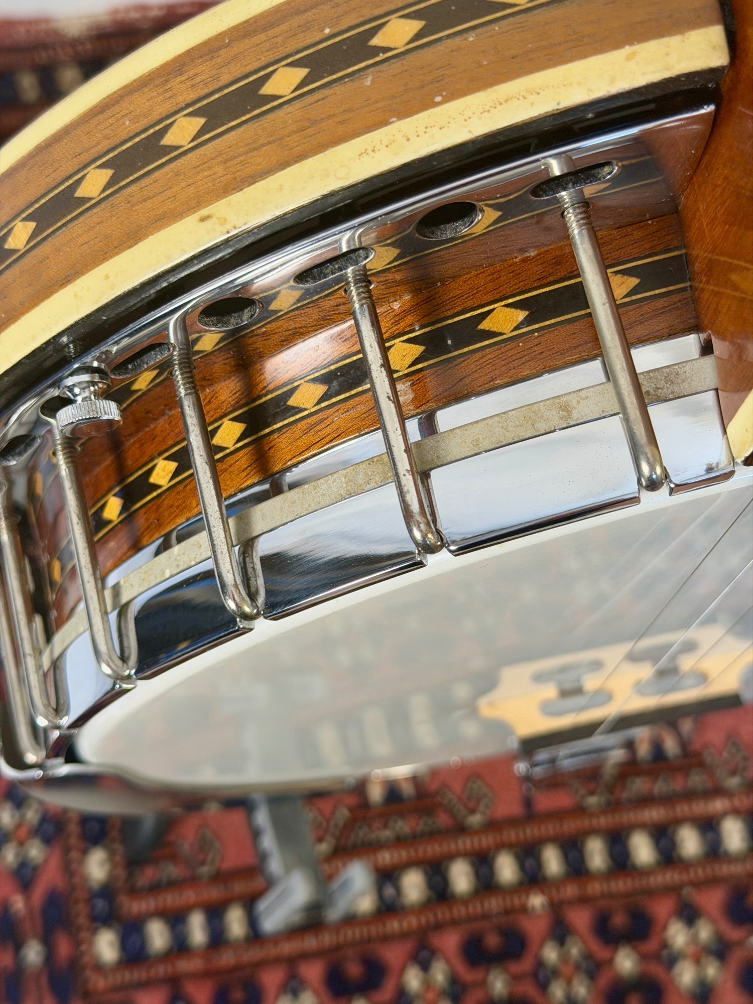 Salstrom B5-C banjo rim with diamond pattern marquetry inlay and chrome brackets