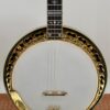 Front view of the 1987 Stelling One-Bird Virginian, serial 3149, showing the gold-plated flange with hand-engraved Dogwood motif, the proprietary Stelling tone ring, the engraved Stelling tailpiece, and the walnut neck with mother-of-pearl Dogwood fingerboard inlays.
