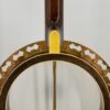 Back view of the 1987 Stelling One-Bird Virginian rim with the resonator removed, showing the gold-plated flange with Dogwood-shaped cutouts, the walnut rim wall, and the gold-plated coordinator rod.