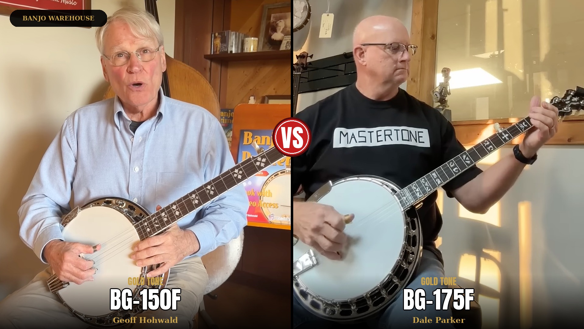 Geoff Hohwald playing the Gold Tone BG-150F bluegrass banjo and Dale Parker playing the Gold Tone BG-175F at Banjo Warehouse in Yellow Springs, Ohio