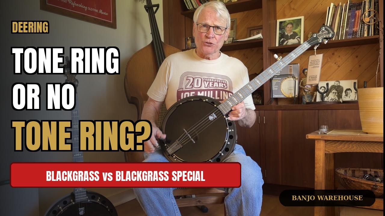 Deering Goodtime Blackgrass and Deering Goodtime Blackgrass Special bluegrass banjo comparison at Banjo Warehouse in Yellow Springs, Ohio, with Geoff Hohwald demonstrating the tone ring difference
