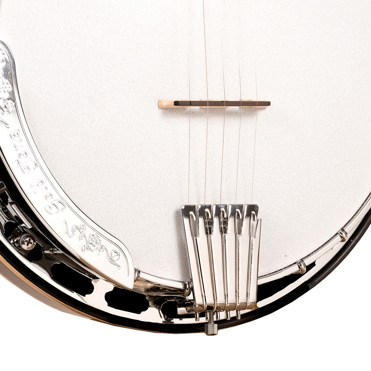 Gold Tone OB-250LW/L left-handed Orange Blossom banjo front angle showing hearts and flowers inlay