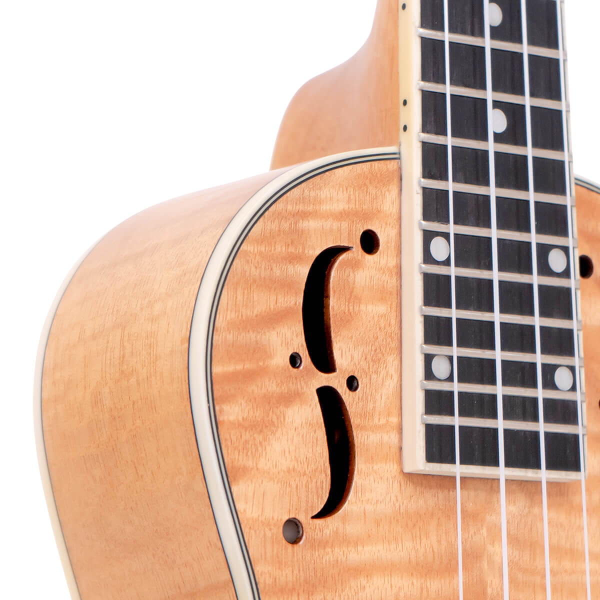 Gold Tone ResoMaple ukulele front detail showing maple bridge and resonator cone cover