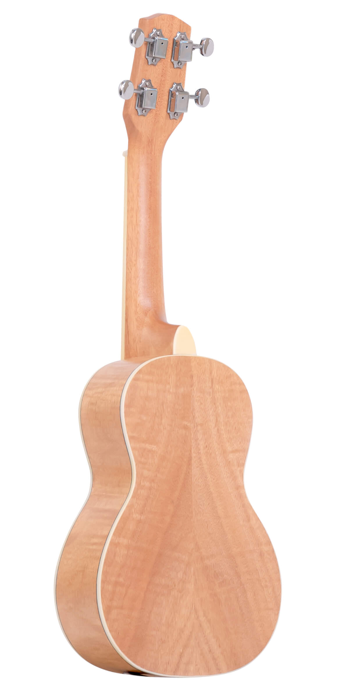 Gold Tone ResoMaple ukulele back close-up showing figured maple grain and cream ABS binding
