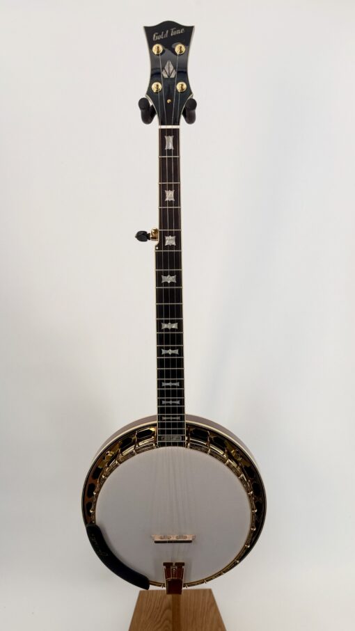 Gold Tone Custom Shop OB-2 JM Joe Mullins banjo with engraved tension hoop, full front view, golden sunburst finish — Banjo Warehouse exclusive