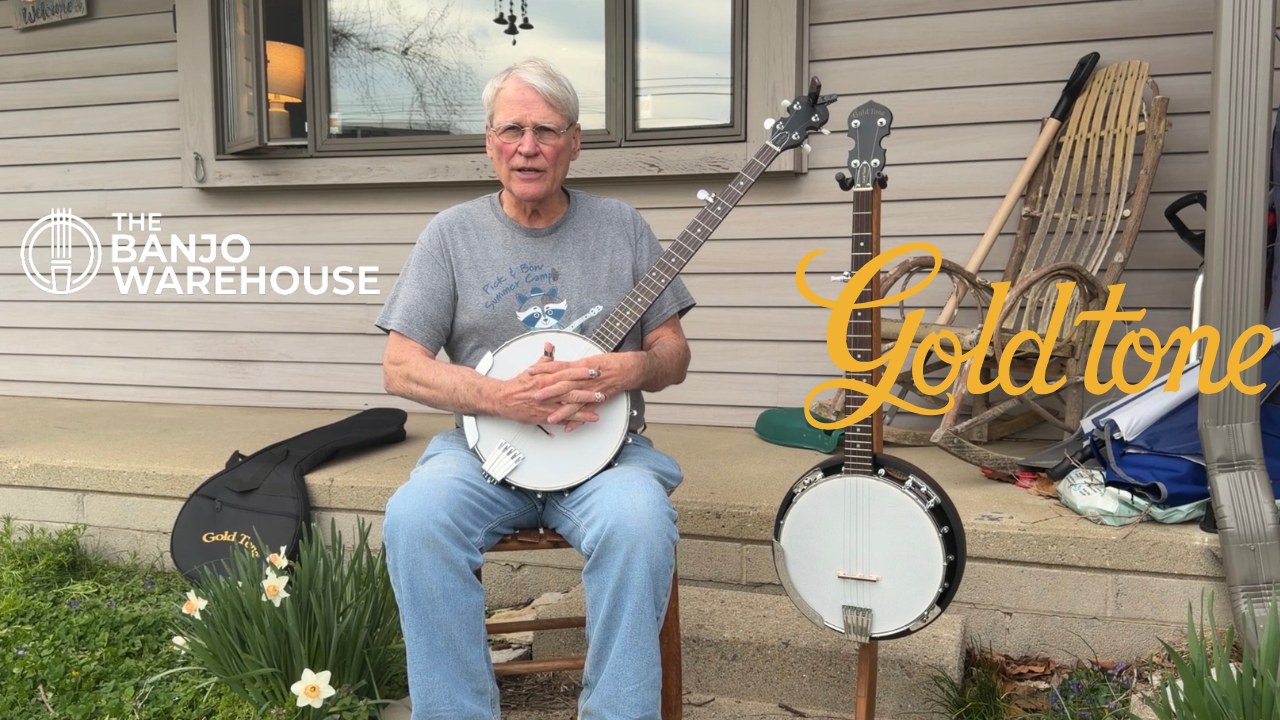 Geoff Hohwald seated on a porch with two Gold Tone Cripple Creek banjos and the Gold Tone logo, announcing the Grey Fox week sale