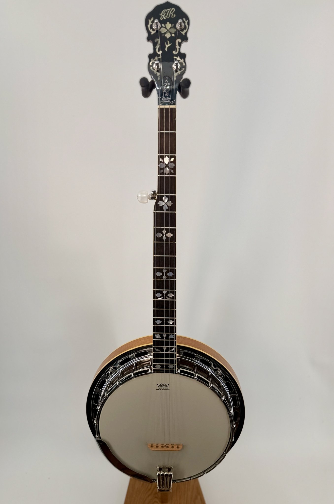 1970s GTR Hearts and Flowers 5-string banjo in natural mahogany, full front view on a stand