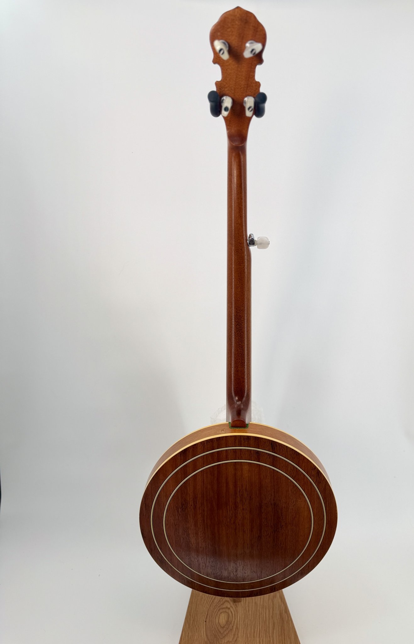 Back of a 1970s GTR banjo showing natural mahogany resonator with concentric ring purfling
