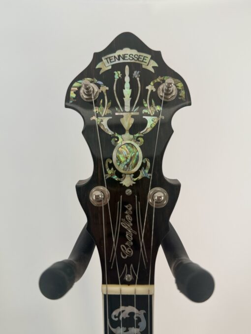 Crafters of Tennessee peghead with the Tennessee banner inlay in pearl and abalone, at Banjo Warehouse