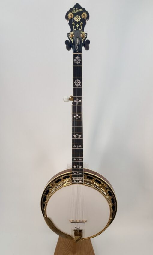 1992 Gibson Earl Scruggs Golden Deluxe banjo, full front, curly maple in sunburst with gold hardware