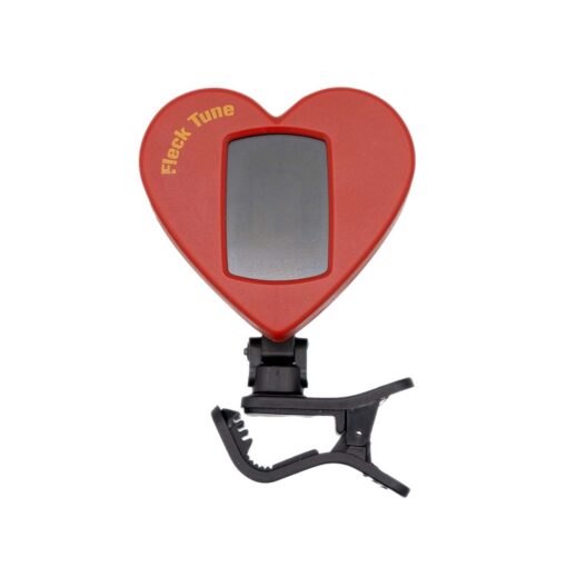Gold Tone Fleck Tune clip-on tuner, front view of the red heart-shaped body and black spring clip