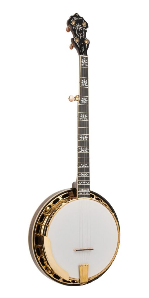 Full front view of the Gold Tone OB-3CJ Carl Jackson Ruby Pearl signature Mastertone banjo, with mahogany neck and resonator in gloss vintage brown, gold plated hardware, one piece cast flange, and the MASTERTONE fingerboard block.