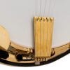 Close detail of the gold plated Kershner tailpiece on the Gold Tone OB-3CJ Carl Jackson Ruby Pearl banjo, with the five eighths Mastertone bridge and coated head behind it.