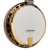 Angled view of the Gold Tone OB-3CJ Ruby Pearl banjo pot assembly, showing the gold plated one piece cast flange, notched tension hoop, twenty four brackets, gold armrest, and eleven inch Remo coated head.
