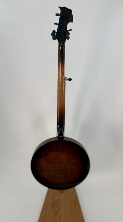 2021 Nechville Zeus banjo, full back view showing the flamed curly maple neck and resonator under a tobacco sunburst