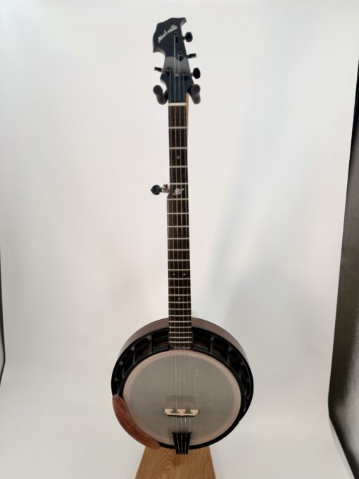 2021 Nechville Zeus 5-string banjo, full front view, curly maple resonator in sunburst with the black Heli-Mount frame