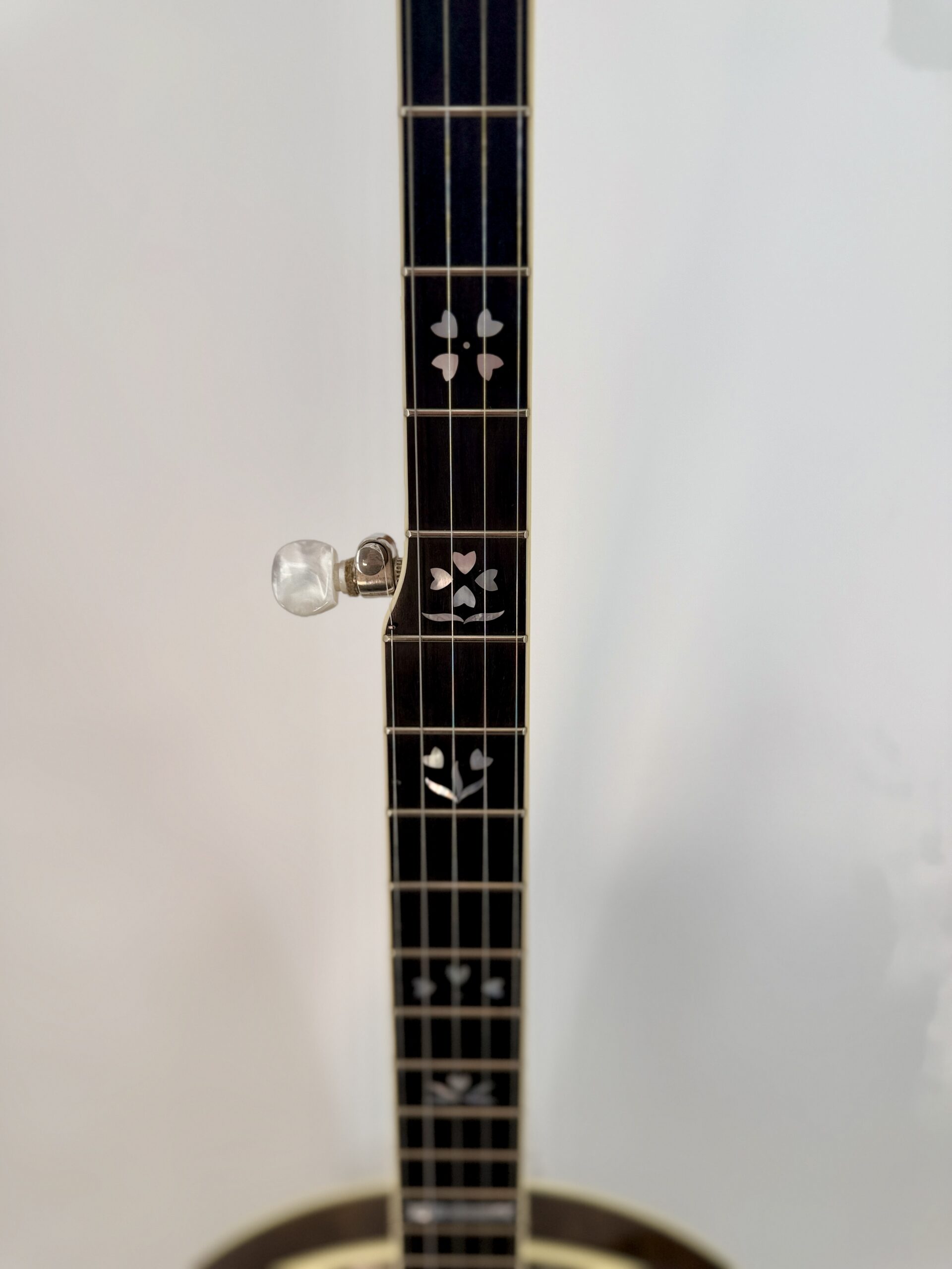 Heart and flower pearl inlays on the Stelling Sunflower fingerboard with the geared fifth string tuner