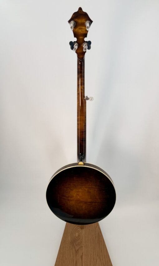 1983 Stelling Sunflower banjo, full back view of the figured maple neck and resonator in sunburst