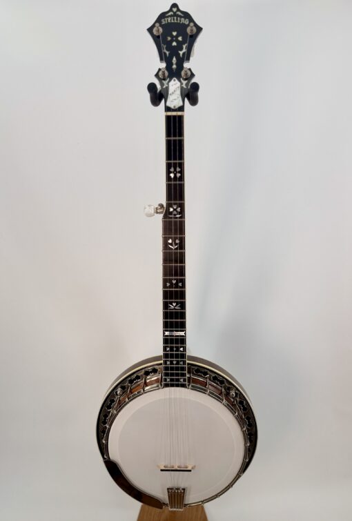 1983 Stelling Sunflower archtop 5-string banjo, full front view with the ornate Stelling cut flange