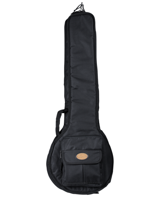 Superior C-267T Trailpak II gig bag, front view, black ballistic nylon with zippered accessory pocket and tan Superior logo badge