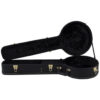 Guardian CG-016-J hardshell banjo case, open, showing the black plush lined interior shaped for a resonator banjo, the neck channel and pot cavity, gold plated latches and the black carry handle